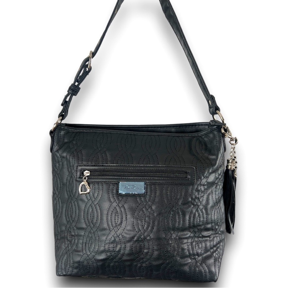 Nwot Bella Russo Black Quilted Vegan Leather Oversized Purse Heart Silver Accent